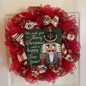 24” Nutcracker Christmas Handmade Mesh Wreath w/ Wooden Nutcracker Sign